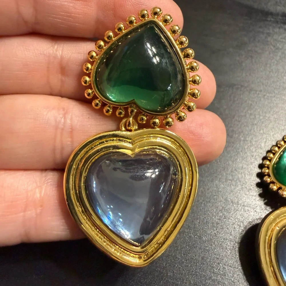 NEW Tory Burch Green & Blue heart drop clip-on earrings